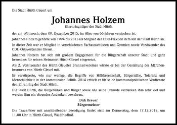 Anzeige von Johannes Holzem von Kölner Stadt-Anzeiger / Kölnische Rundschau / Express
