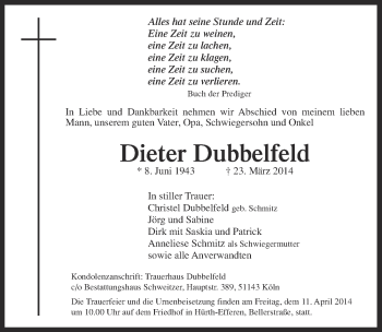 Anzeige von Dieter Dubbelfeld von  Kölner Wochenspiegel 