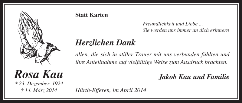  Traueranzeige für Rosa Kau vom 02.04.2014 aus  Wochenende 