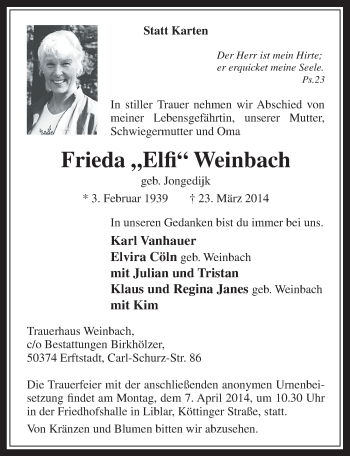 Anzeige von Frieda Weinbach von  Werbepost 
