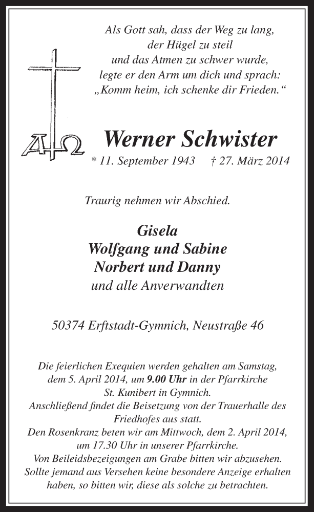  Traueranzeige für Werner Schwister vom 02.04.2014 aus  Werbepost 
