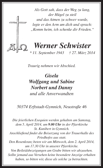 Anzeige von Werner Schwister von  Werbepost 