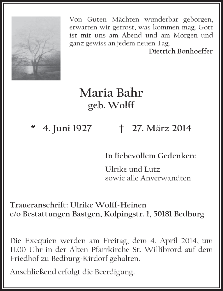  Traueranzeige für Maria Bahr vom 02.04.2014 aus  Werbepost 