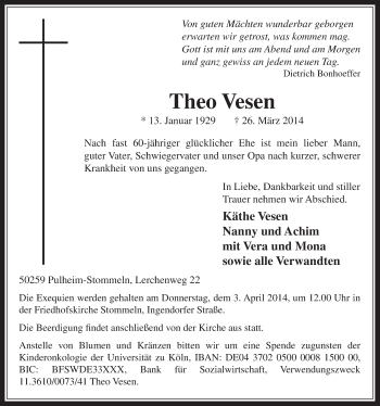 Anzeige von Theo Vesen von  Wochenende 