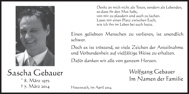  Traueranzeige für Sascha Gebauer vom 02.04.2014 aus  Schaufenster/Blickpunkt 