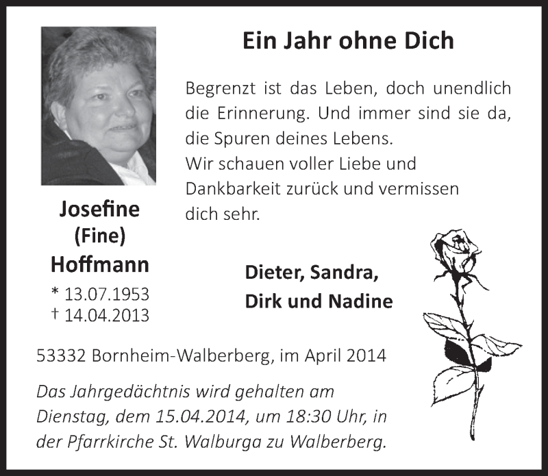  Traueranzeige für Josefine Hoffmann vom 09.04.2014 aus  Schlossbote/Werbekurier 