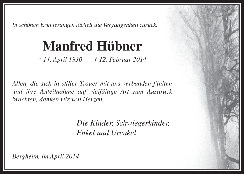  Traueranzeige für Manfred Hübner vom 02.04.2014 aus  Werbepost 