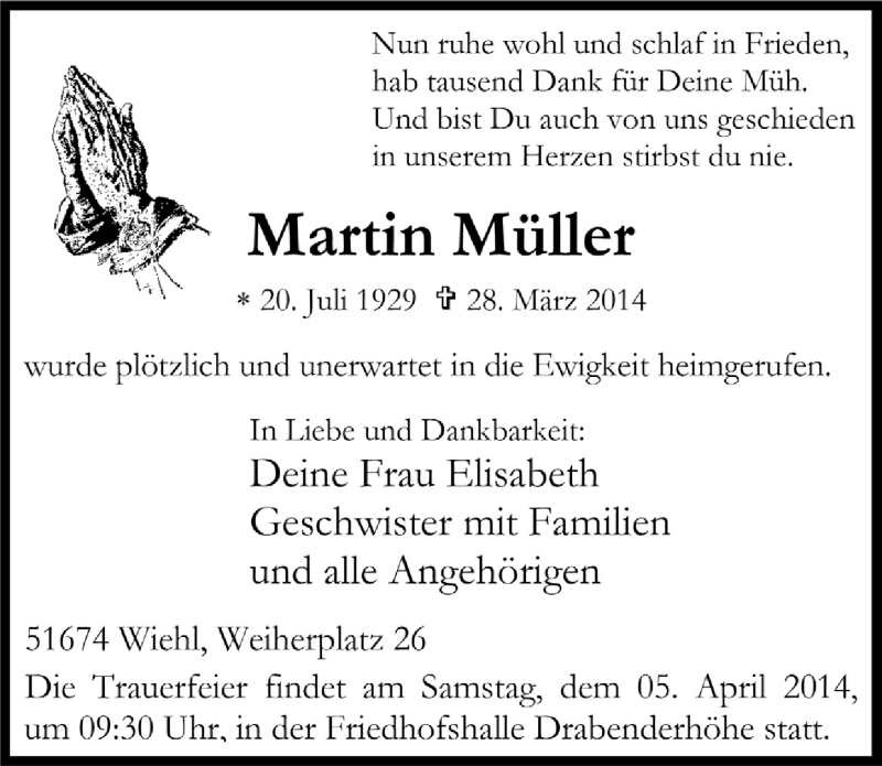  Traueranzeige für Martin Müller vom 02.04.2014 aus  Anzeigen Echo 