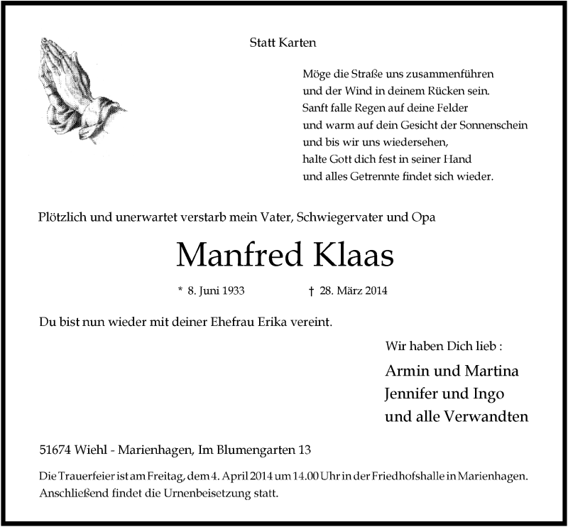  Traueranzeige für Manfred Klaas vom 02.04.2014 aus  Anzeigen Echo 
