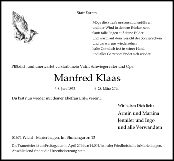 Anzeige von Manfred Klaas von  Anzeigen Echo 