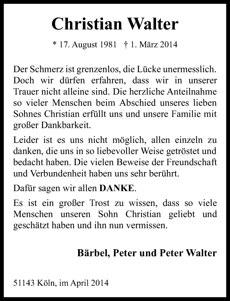  Traueranzeige für Christian Walter vom 02.04.2014 aus  Kölner Wochenspiegel 