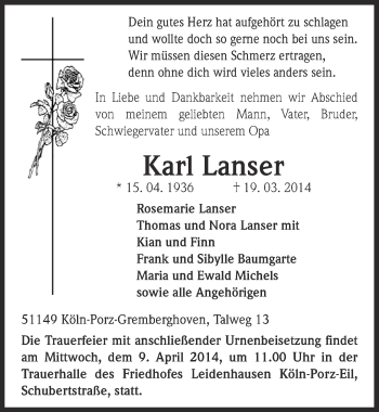 Anzeige von Karl Lanser von  Kölner Wochenspiegel 