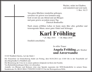 Anzeige von Karl Fröhling von  Lokalanzeiger 
