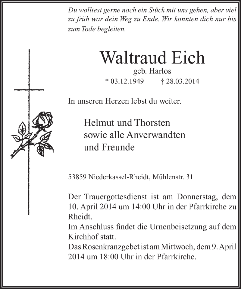  Traueranzeige für Waltraud Eich vom 02.04.2014 aus  Extra Blatt 