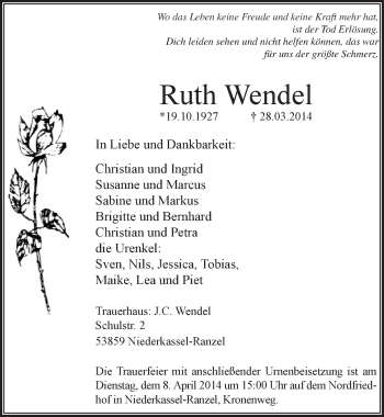 Anzeige von Ruth Wendel von  Extra Blatt 
