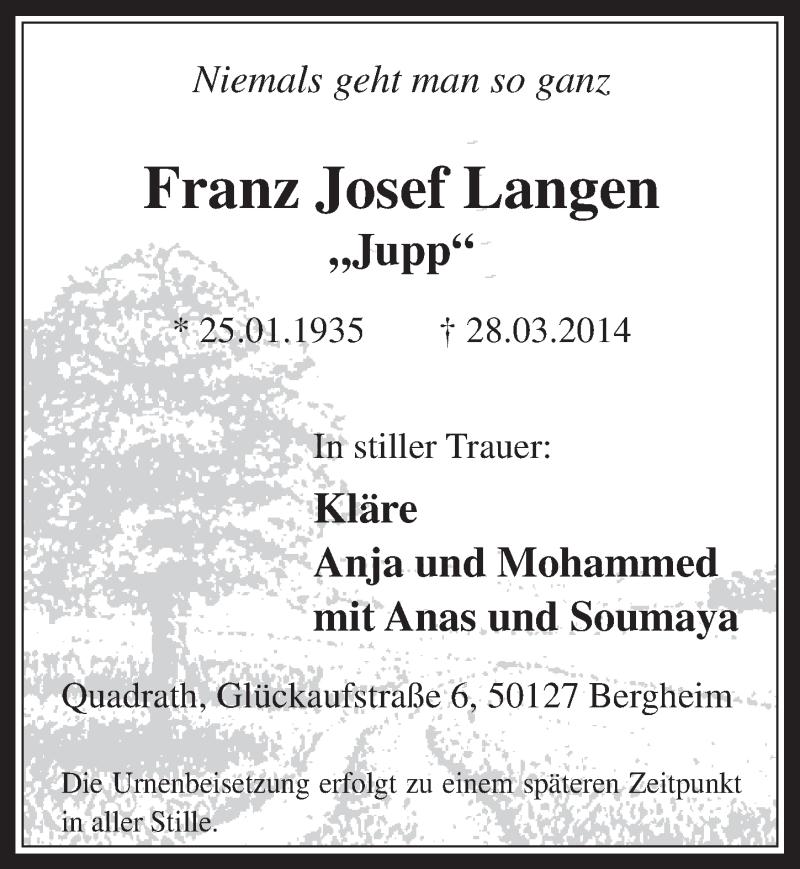  Traueranzeige für Franz Josef Langen vom 02.04.2014 aus  Werbepost 