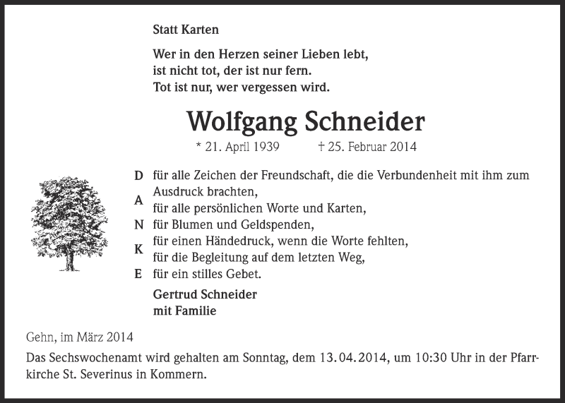  Traueranzeige für Wolfgang Schneider vom 06.04.2014 aus  Blickpunkt Euskirchen 