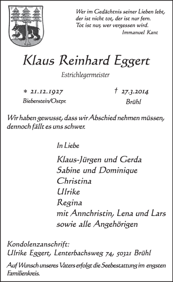 Anzeige von Klaus Reinhard Eggert von  Schlossbote/Werbekurier 