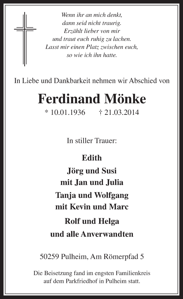  Traueranzeige für Ferdinand Mönke vom 02.04.2014 aus  Wochenende 
