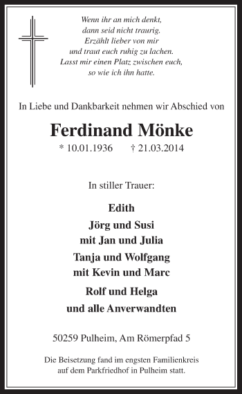 Anzeige von Ferdinand Mönke von  Wochenende 