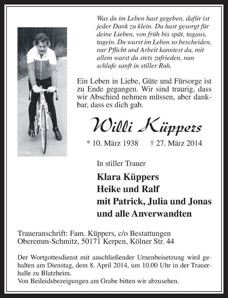  Traueranzeige für Willy Küppers vom 02.04.2014 aus  Werbepost 