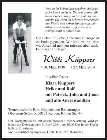 Anzeige von Willy Küppers von  Werbepost 