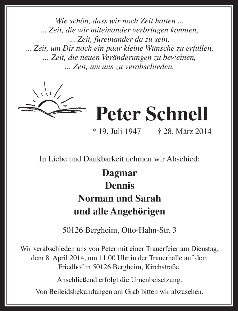  Traueranzeige für Peter Schnell vom 02.04.2014 aus  Werbepost 