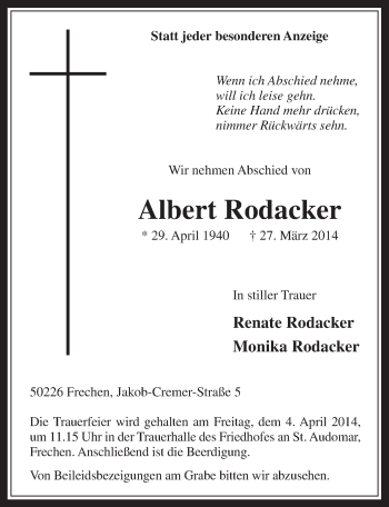 Anzeige von Albert Rodacker von  Wochenende 