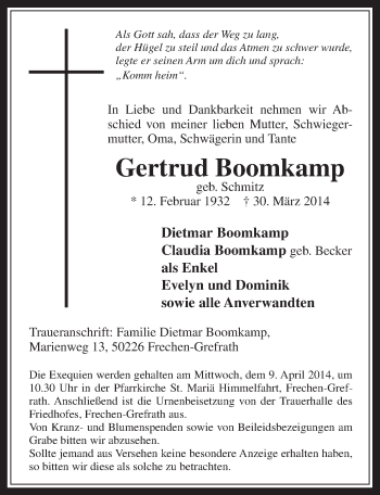 Anzeige von Gertrud Boomkamp von  Wochenende 