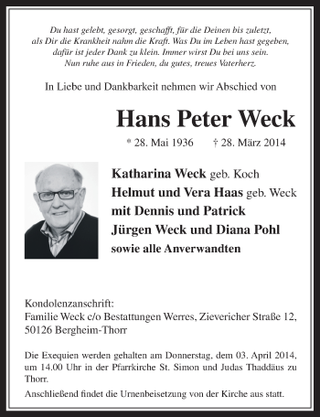 Anzeige von Hans Peter Weck von  Werbepost 