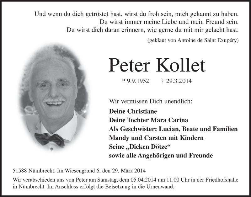  Traueranzeige für Peter Kollet vom 02.04.2014 aus  Lokalanzeiger 