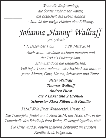 Anzeige von Johanna Waffraff von  Kölner Wochenspiegel 
