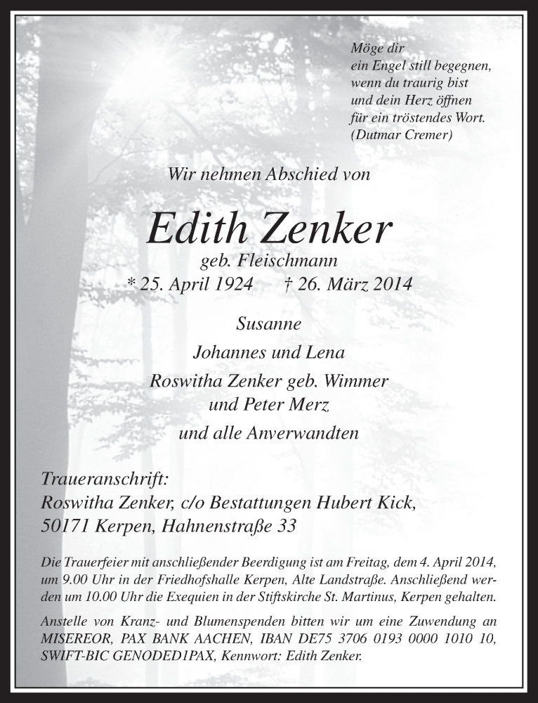  Traueranzeige für Edith Zenker vom 02.04.2014 aus  Werbepost 
