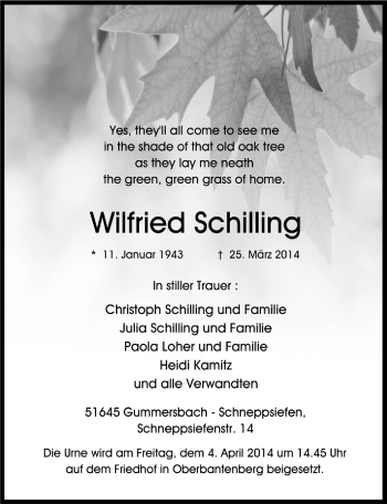 Anzeige von Wilfried Schilling von  Anzeigen Echo 