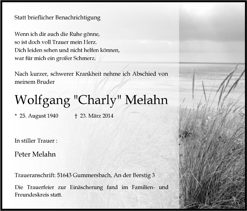  Traueranzeige für Wolfgang Charly Melahn vom 02.04.2014 aus  Anzeigen Echo 