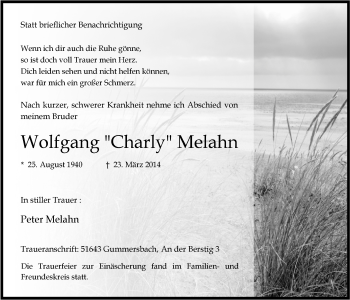 Anzeige von Wolfgang Charly Melahn von  Anzeigen Echo 