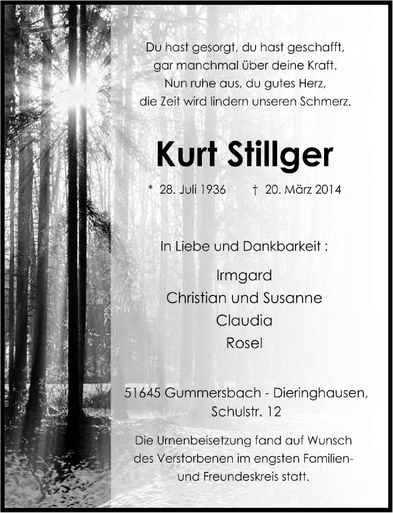  Traueranzeige für Kurt Stillger vom 02.04.2014 aus  Anzeigen Echo 