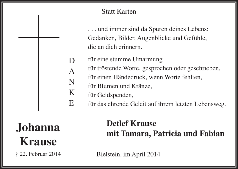  Traueranzeige für Johanna Krause vom 02.04.2014 aus  Anzeigen Echo 