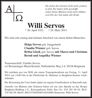Anzeige von Willi Servos von  Sonntags-Post 