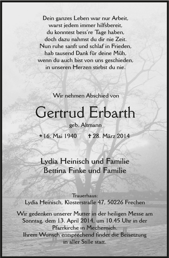  Traueranzeige für Gertrud Erbarth vom 09.04.2014 aus  Wochenende 
