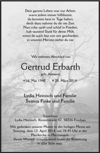 Anzeige von Gertrud Erbarth von  Wochenende 