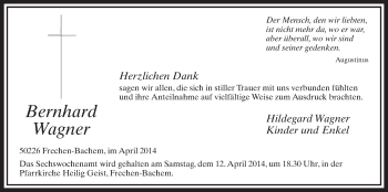 Anzeige von Bernhard Wagner von  Sonntags-Post 