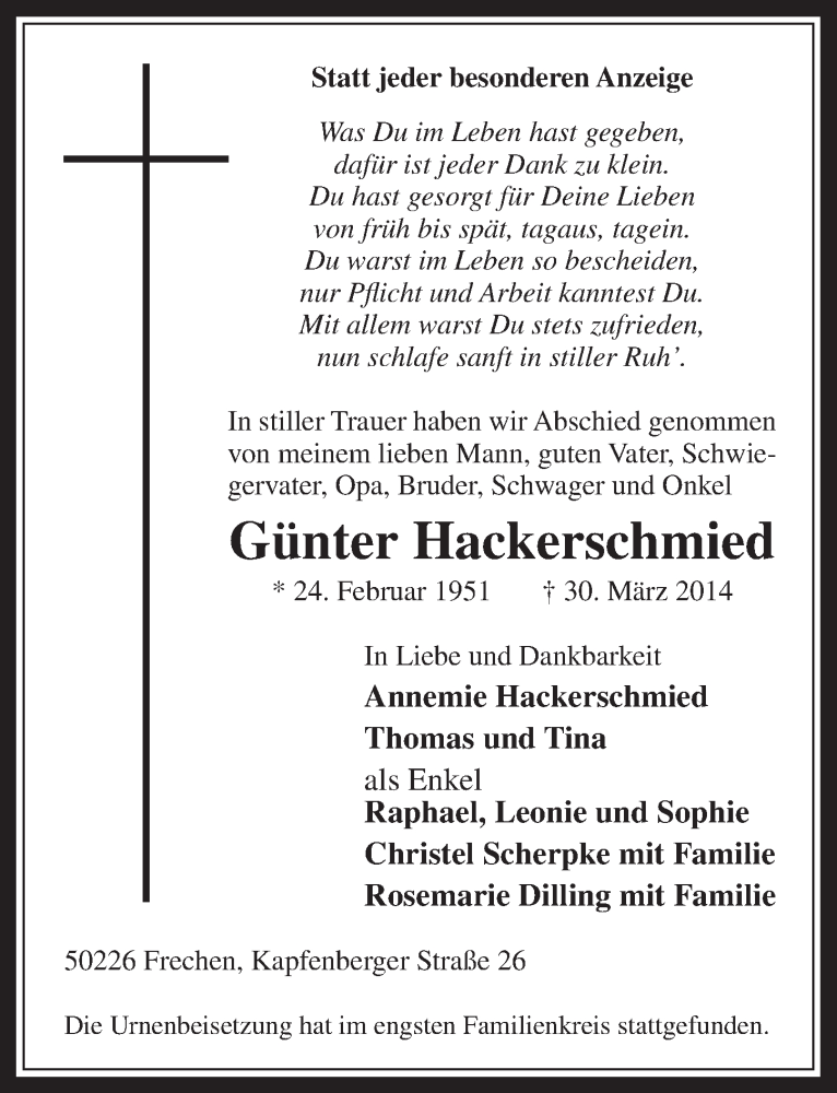  Traueranzeige für Günter Hackerschmied vom 09.04.2014 aus  Wochenende 