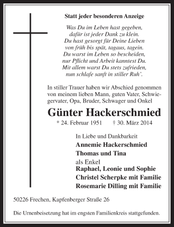 Anzeige von Günter Hackerschmied von  Wochenende 
