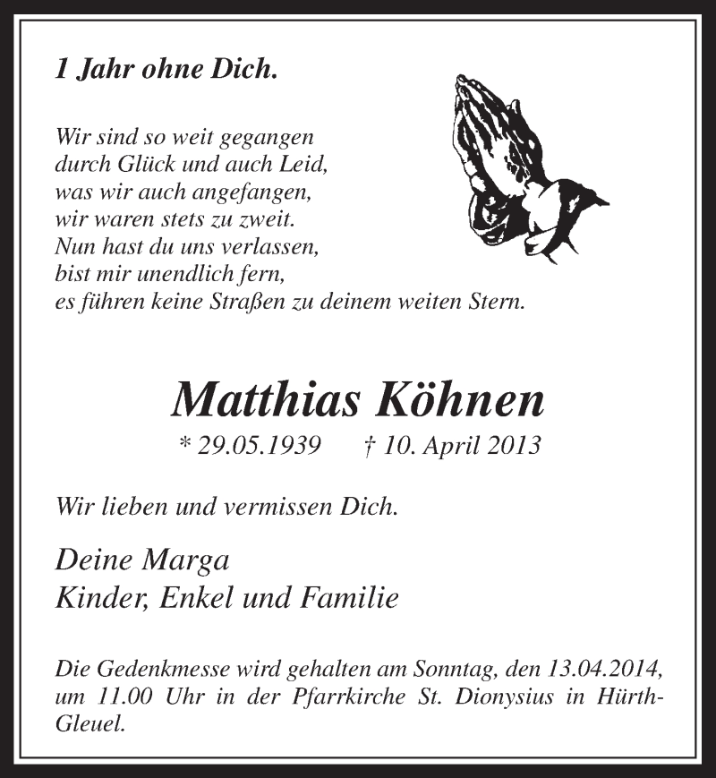  Traueranzeige für Matthias Köhnen vom 09.04.2014 aus  Wochenende 