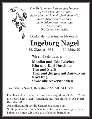 Anzeige von Ingeborg Nagel von  Wochenende 