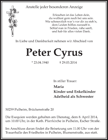 Anzeige von Peter Cyrus von  Sonntags-Post 