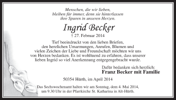 Anzeige von Ingrid Becker von  Wochenende 