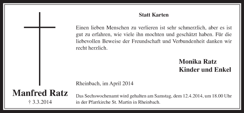  Traueranzeige für Manfred Ratz vom 09.04.2014 aus  Schaufenster/Blickpunkt 