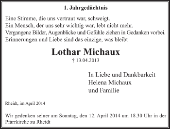 Anzeige von Lothar Michaux von  Extra Blatt 